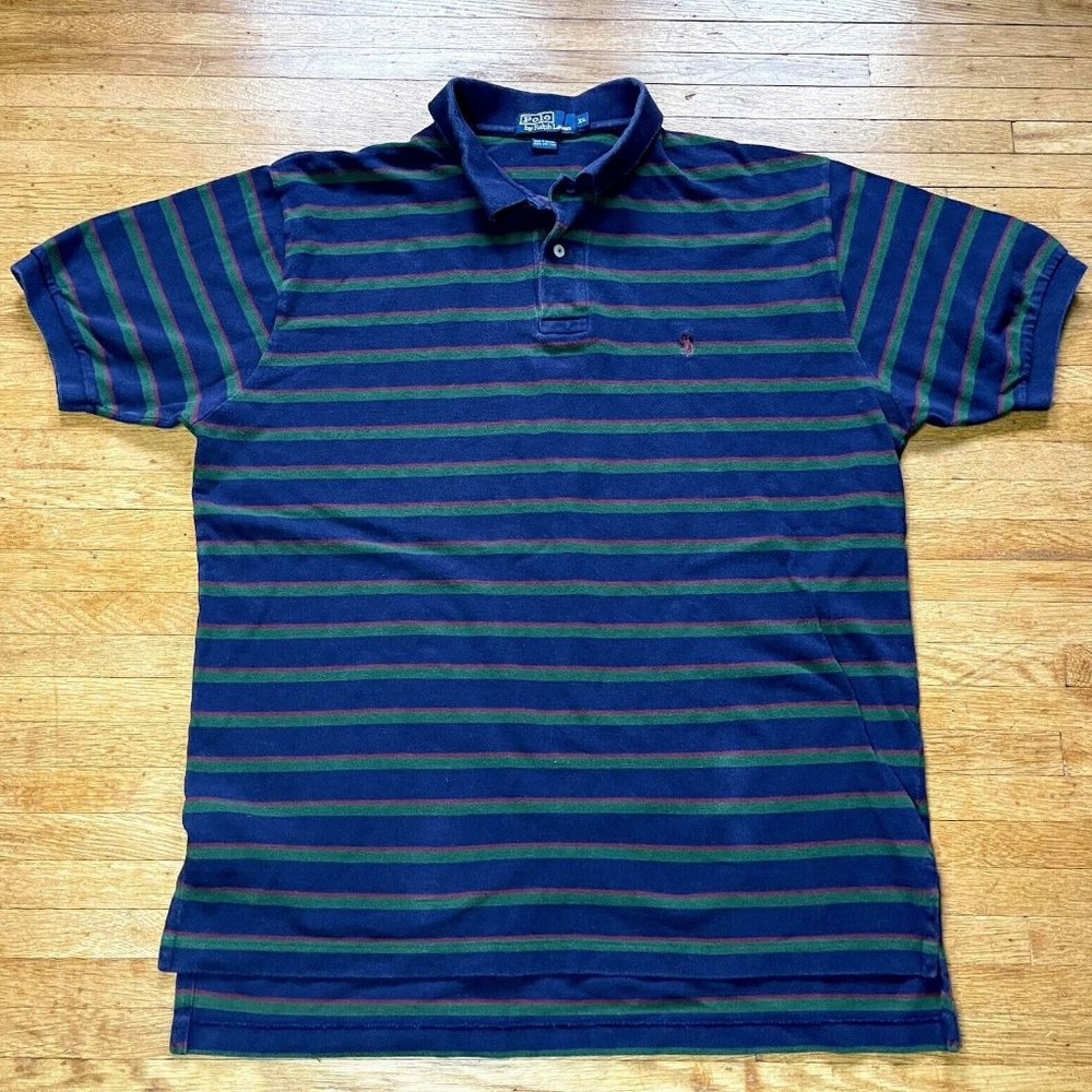 VTG POLO RALPH LAUREN Blue/Green/Red Striped Polo Shirt XL VGUC
